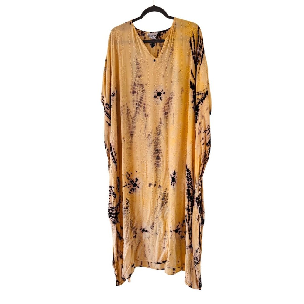 Center Aisle Yellow & Black Tie Dye Kaftan Dress V-Neck Embroidered L,XL